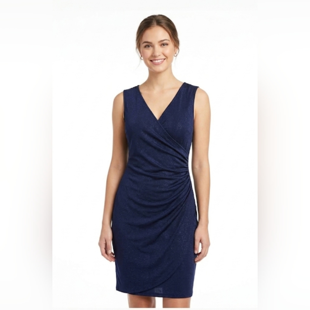 Dressbarn Navy Blue Sparkle Ruched Faux-Wrap Sheath Midi Dress Size 6